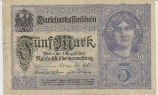 1917 Germany 5 Mark Reichsbanknote - - Paper Money Banknote Currency