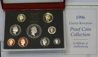 1996 Uk Great Britain Deluxe Proof Set 9 Coins Red Case Box W/