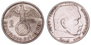 Fb.  379} Germany 3rd Reich 2 Reichsmark 1939a / Silver / Nazi Swastika / Vf
