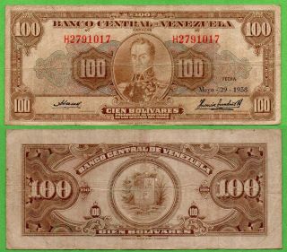 Venezuela Banknote 100 Bolivares 1958,  P - 34d Fine.