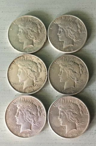 (2) 1925 (1) 1924 (1) 1922 (1) 1922 D (1) 1923 S Peace Silver Dollars Set Of 6