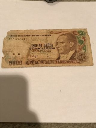 Turkey,  5000 Lira 1970 Paper Money Banknote Turkish