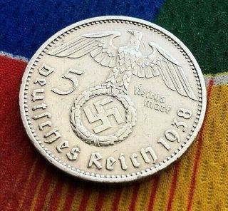 German 1938 E 5 Mark Ww2 Silver Coin Third Reich Swastika Reichsmark