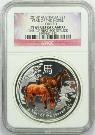 2014 P Australia $1 Year Of The Horse 1 Oz Silver Colorized Ngc Pf69 Ultra Cameo