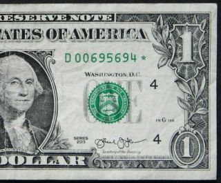2013 $1 (one Dollar) – Star Note – Currency,  Bill – “d”