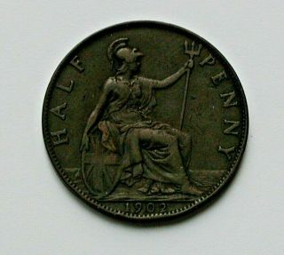 1902 Uk (british) Edward Vii Coin - Half Penny (1/2d) - Brown