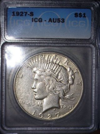 1927 - S Peace Silver Dollar,  Icg Au53,  Tough Date.