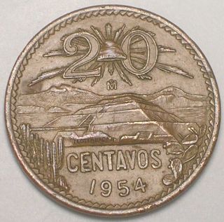 1954 Mexico Mexican 20 Centavos Sun Pyramid Coin Vf,