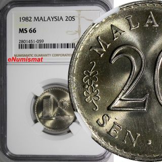 Malaysia Copper - Nickel 1982 20 Sen Ngc Ms66 Gem Bu Coin Km 4