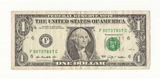 $1 Dollar Bill,  Fancy Serial Number 9 07 07 8 07 Series 2009
