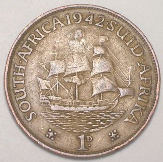 1942 South Africa African One 1 Penny Sailing Ship Coin F,