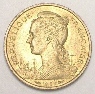 1955 Reunion 10 Francs Liberty Crowned Shield Coin Xf