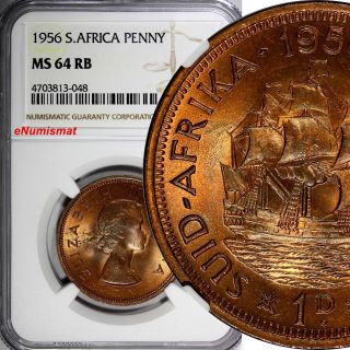 South Africa Elizabeth Ii Bronze 1956 1 Penny Ngc Ms64 Rb Dromedaris (ship) Km 46