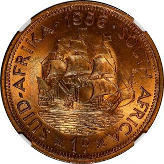 South Africa Elizabeth II Bronze 1956 1 Penny NGC MS64 RB Dromedaris (ship) KM 46 4