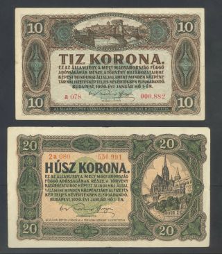 Hungary - 10 Korona,  20 Korona - 1920 Vf - F
