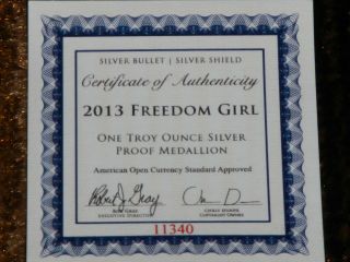 Proof Freedom Girl 1oz SBSS Silver Bullet Silver Shield 