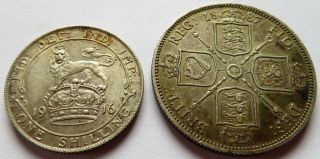 Britain 1887 Double Florin,  1916 Shilling,  Better Grade British Coins (291853r)