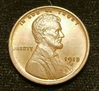1913 - D Lincoln Cent Unc Brown.  Coin With Even Color All Around.