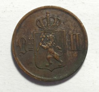 1893 Norway 2 Ore.  Bronze Coin 21mm Au W/cat.  Value $21