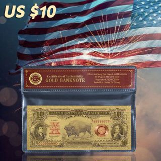 Wr 1901 $10 Dollar Bill Legal Tender Bison Note 24k Gold Foil Us Banknote /w Cao