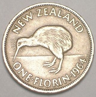 1964 Zealand One 1 Florin Kiwi Bird Coin Vf,