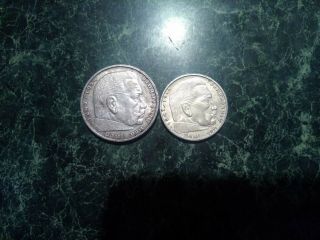 Third Reich German 2 And 5 Reichsmark Coin 1938 Paul Von Hindenburg 1847 - 1934