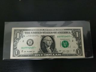 $1 One Dollar Bill 2013 Star Note Error Fancy Low Serial Number B 07772457