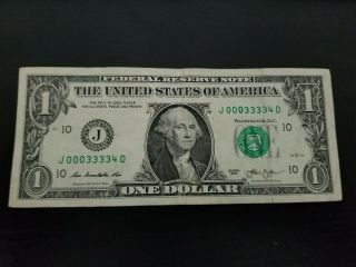 2013 $1 One Dollar Bill - Fancy Serial Number J - 000 - 3333 - 4d Four 3 