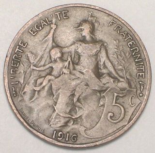 1916 France French 5 Centimes Republic Wwi Era Coin Vf,
