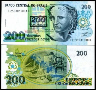Brazil 200 Cruz.  On 200 Cruz.  1990 P 225 Unc