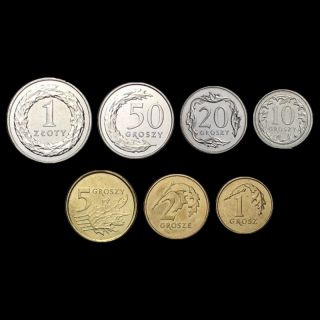 [b - 1] Poland Set 7 Coins,  1,  2,  5,  10,  20,  50 Groszy,  1 Zloty,  1992 - 2005,  Unc