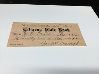 1905 Bank Check Skedee,  Oklahoma Territory