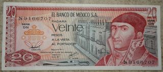 Mexico Veinte (20) Pesos Banco De Mexico D.  F.  8 Jul 1977 Ser.  N9166707 Cond
