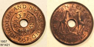 Rhodesia And Nyasaland Zimbabwie 1/2 Penny 1957 Circulated In U.  S.