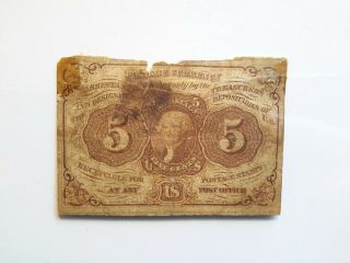 1862 Us 5 Cent Postage Currency (fractional Currency) Bank Note,  Civil War