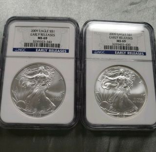 2009 American Silver Eagle Ms - 69 Ngc Blue Label,  Early Release