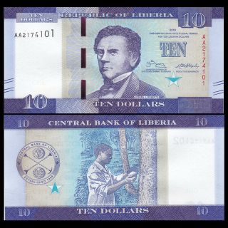Liberia 10 Dollars,  2016 (2017),  P - 32,  Aa Prefix,  Design,  Unc