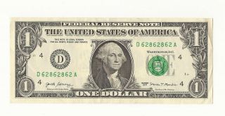 $1 Dollar Bill,  Fancy Serial Number 62 8 62 8 62 Series 2017