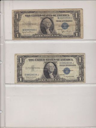Set Of 2 Well Circulated One Dollar 1935d & 1935h Silver Certificate Notes