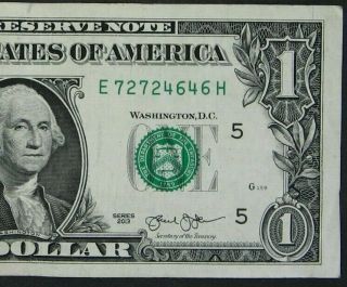 2013 $1 (one Dollar) – Note,  Bill - Fancy Serial Number " 7272 4646 "