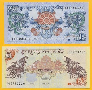 Bhutan Set 1 & 5 Ngultrum P - 27b 2013 & P - 28b 2011 Unc Banknote