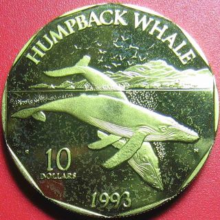 1993 Marshall Islands $10 " Humpback Whale " Pacific Whales & Dolphins Brass 34mm