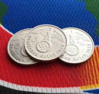 1938 A 5 Mark German Ww2 Silver Coin (1) Third Reich Swastika Reichsmark