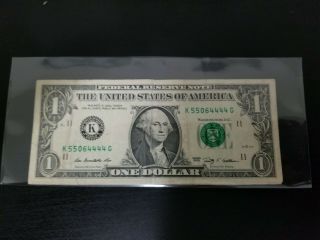 2009 $1 One Dollar Bill - Fancy Serial Number K55 - 06 - 4444g Four 4 
