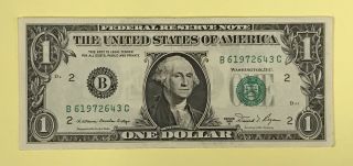 Vf $1 1981 - A B61972643c B/c Block York Bank One Dollar Bill Frn