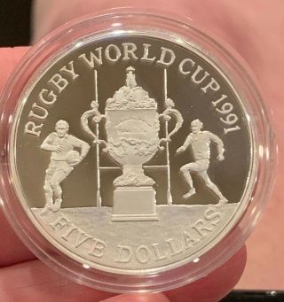 Zealand 1991 Rugby World Cup 5 Dollars Silver Coin,  Proof Box And