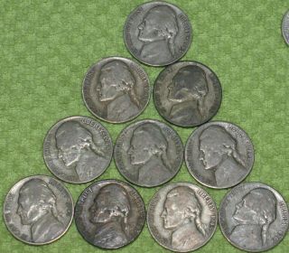 10 Circulated Jefferson War Nickels: 4 - 1943 - P / 3 - 1944 - P / 3 - 1945 - P