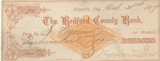 1877 Everett,  Pennsylvania The Bedford County Bank With Revenue Stamp