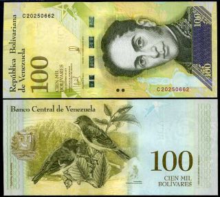 Venezuela 100000 100,  000 Bolivares 2017 P 100 Antie Bird Highest Denominatio Unc