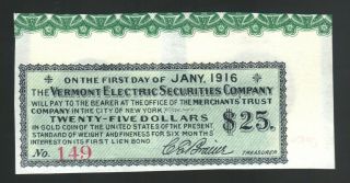 $25 Vermont Electric Securities 1916 Us Gold Coin Bond Coupon Old Vt Paper Note